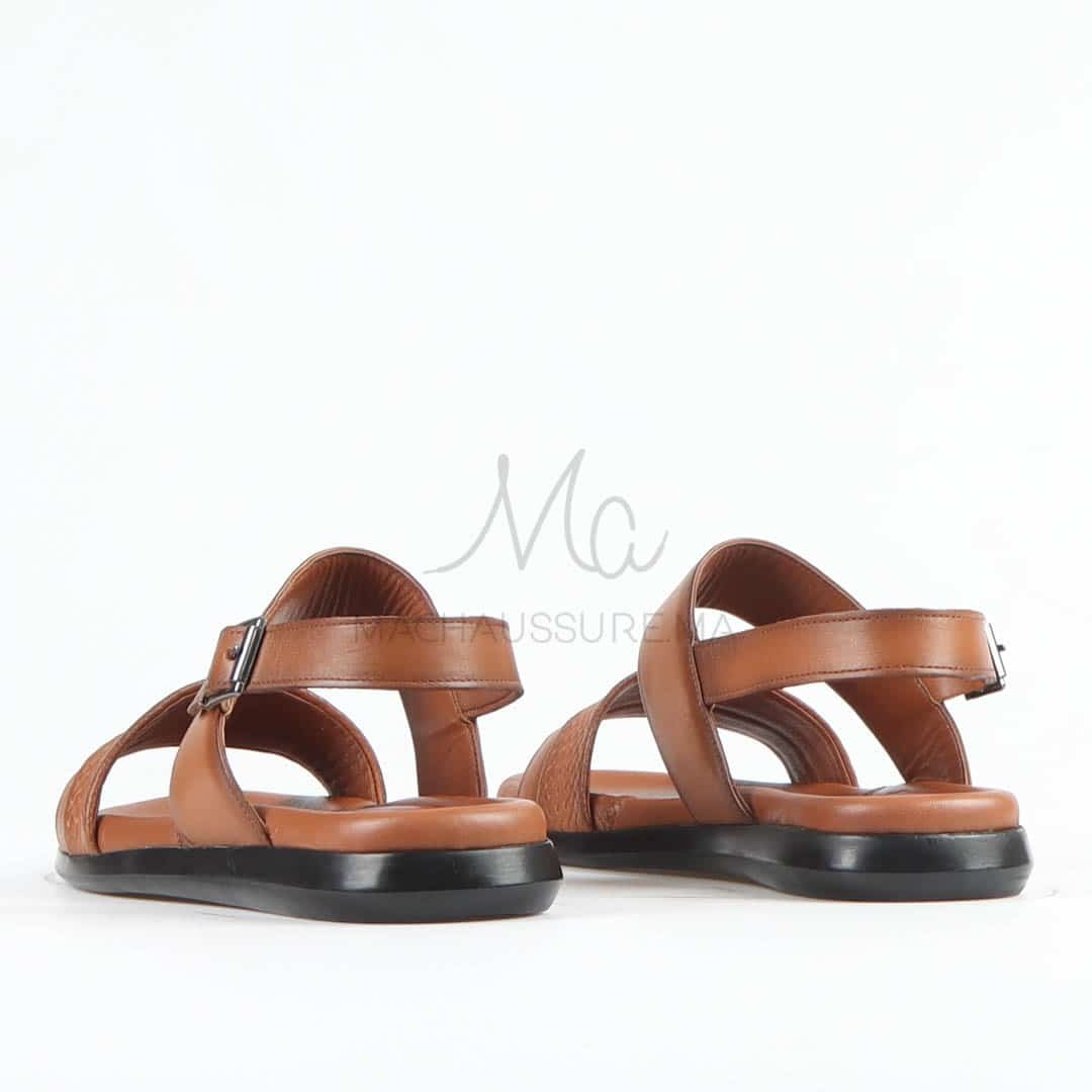 Confort - Sandales Hommes 100% Cuir en Tabac.