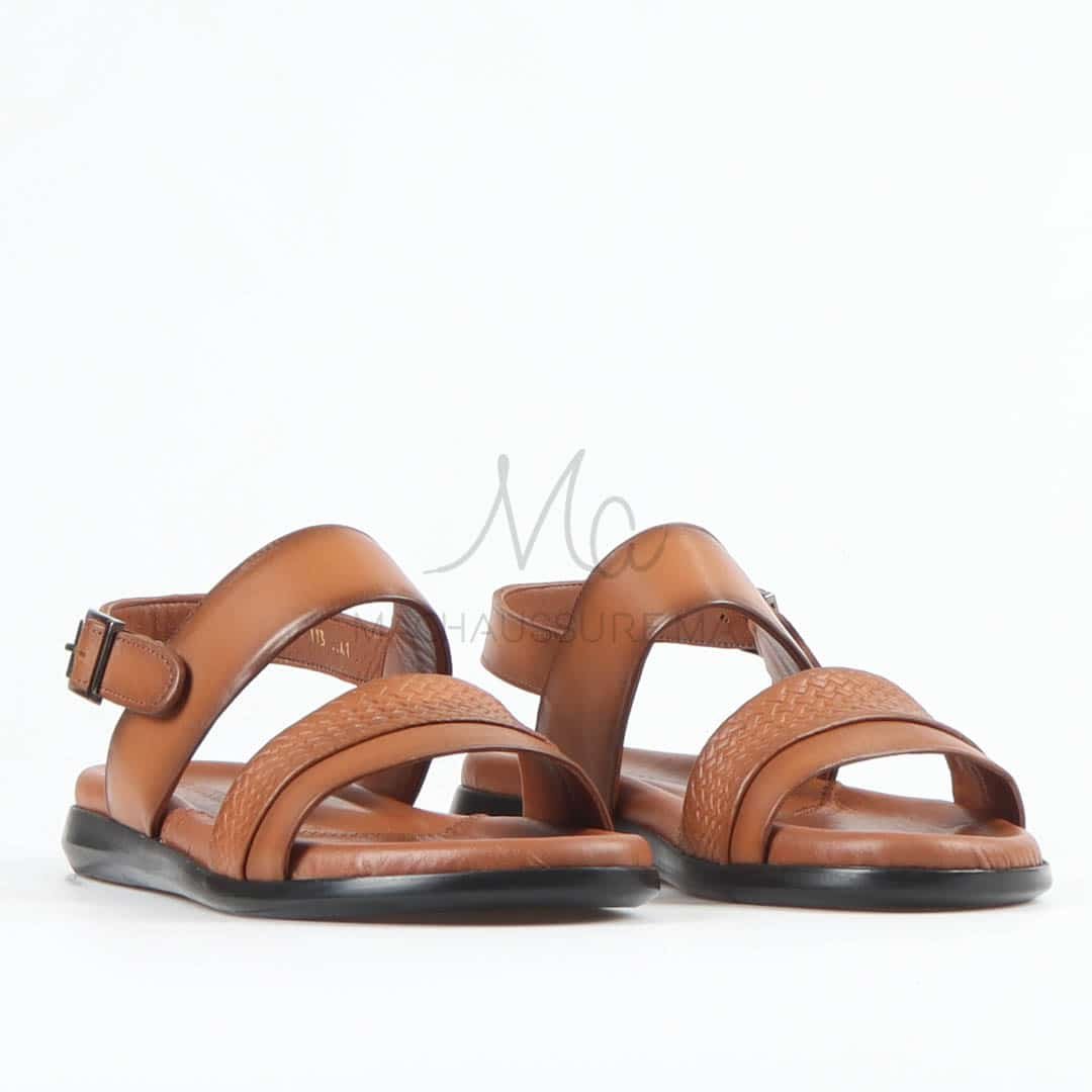 Confort - Sandales Hommes 100% Cuir en Tabac.
