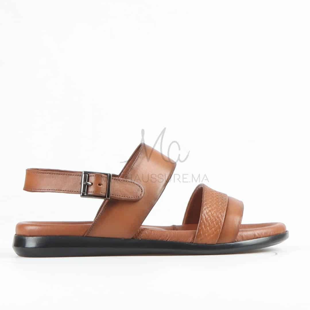 Confort - Sandales Hommes 100% Cuir en Tabac.