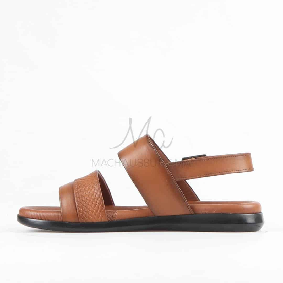 Confort - Sandales Hommes 100% Cuir en Tabac.