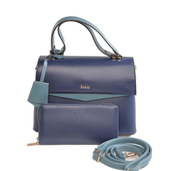 Sac à main en cuir bleu marine avec bandoulière et porte-monnaie assorti..