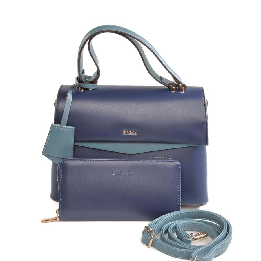 Sac à main en cuir bleu marine avec bandoulière et porte-monnaie assorti..