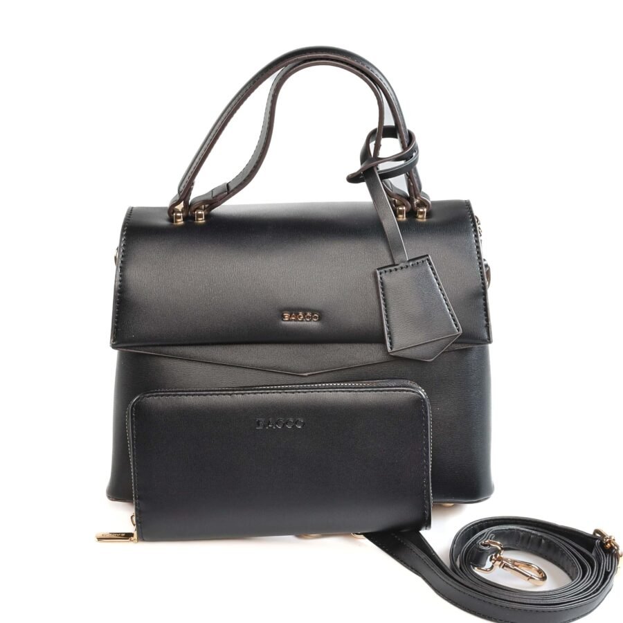 Sac à main en cuir noir avec bandoulière et porte-monnaie assorti..