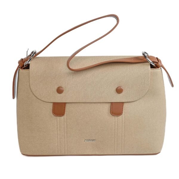 Sac à main beige en toile avec détails en cuir synthétique, élégant et pratique..