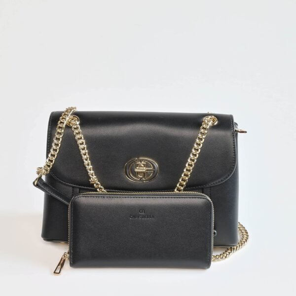Sac à main noir avec chaîne dorée, accessoire chic pour toutes occasions..