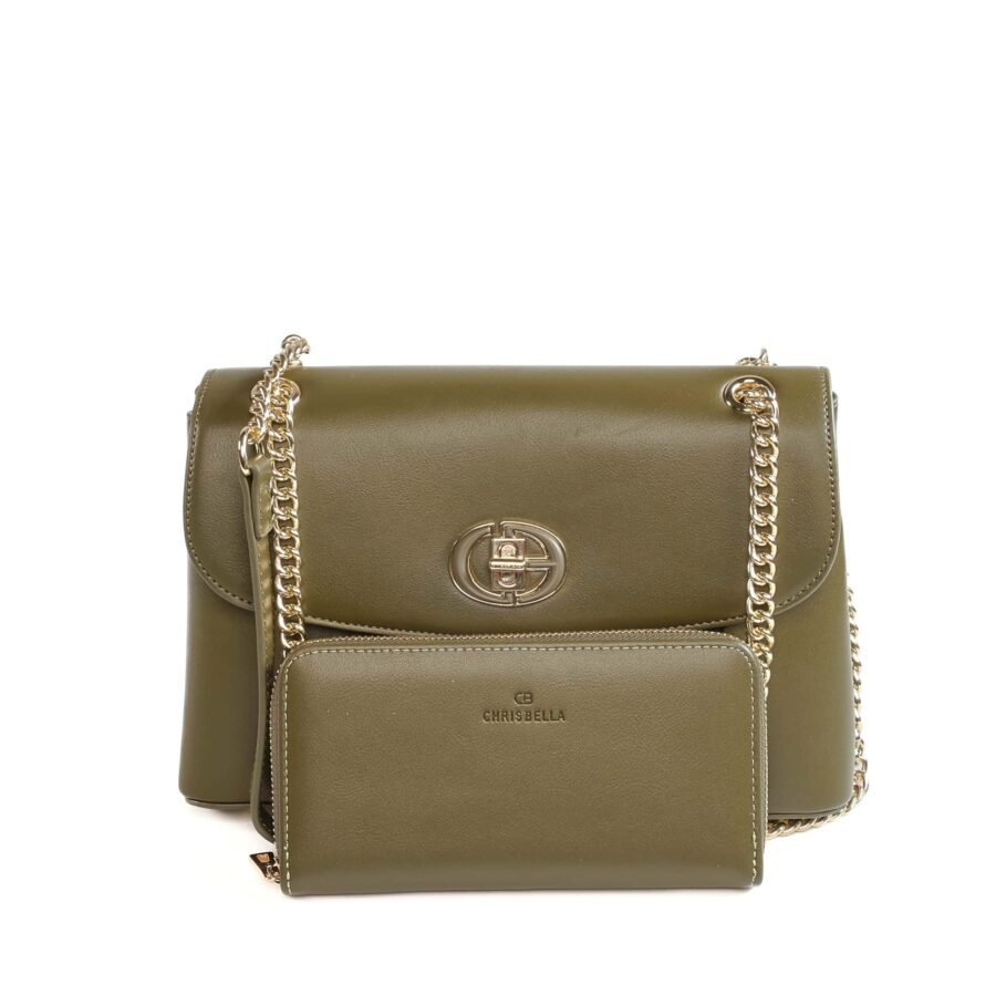 Sac à main vert avec chaîne en métal et porte-monnaie assorti, parfait pour un style élégant et prat..