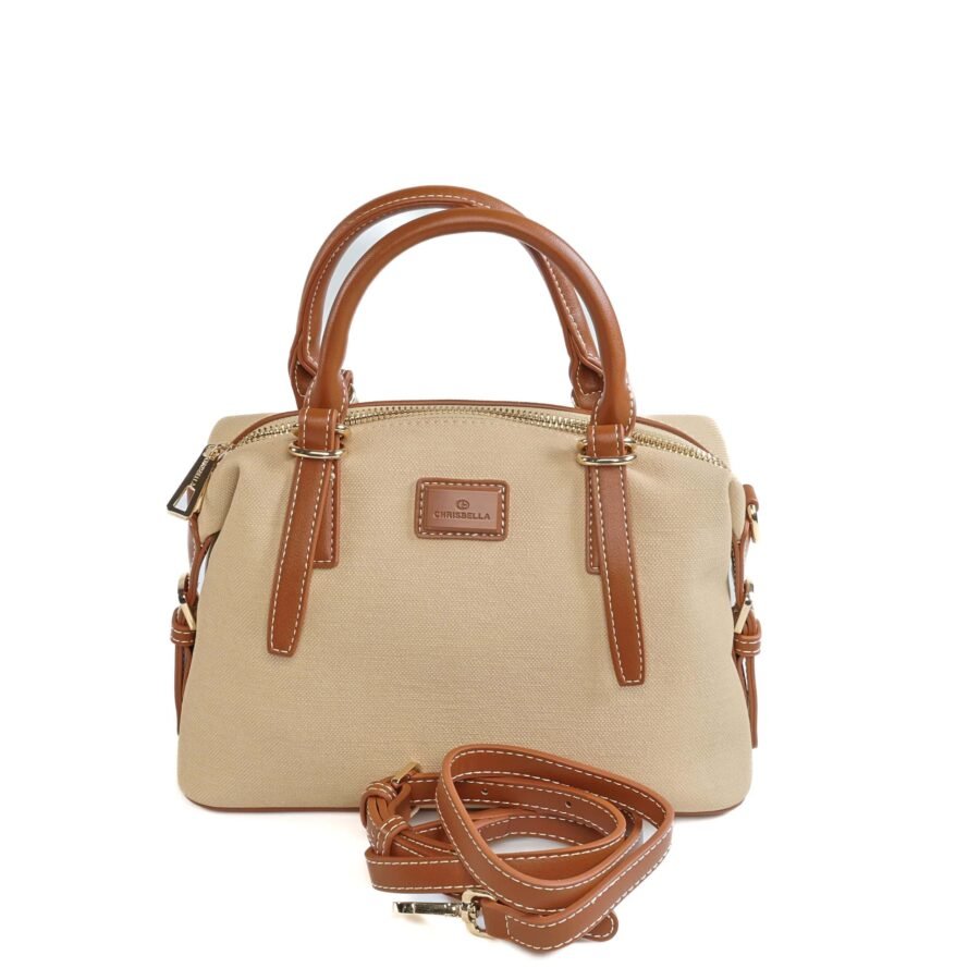 Sac à main beige avec poignées en cuir marron et bandoulière amovible, idéal pour un style élégant e..