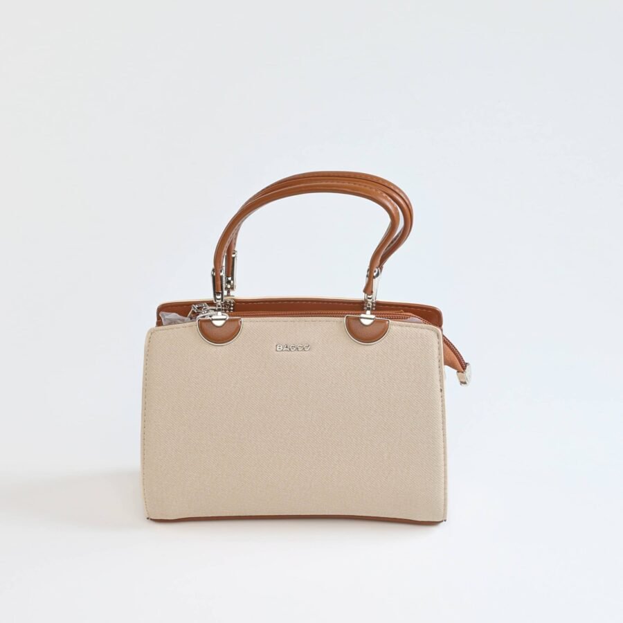 Sac à main en cuir beige avec poignées marron, style chic et pratique..