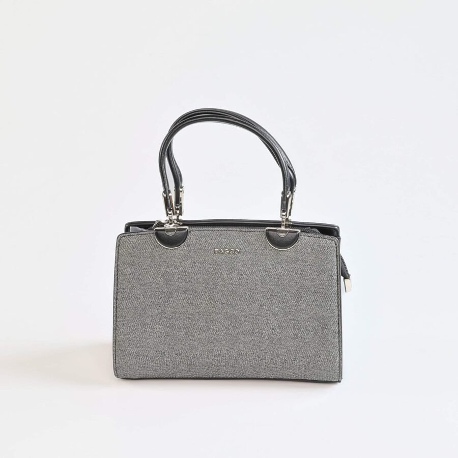 Sac à main en tissu gris avec poignées en cuir noir, parfait pour un style chic et pratique..
