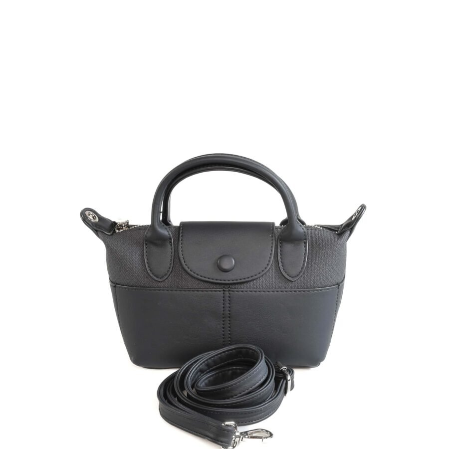 Sac à main en cuir noir avec poignée et bandoulière amovible, idéal pour un style élégant et pratiqu..