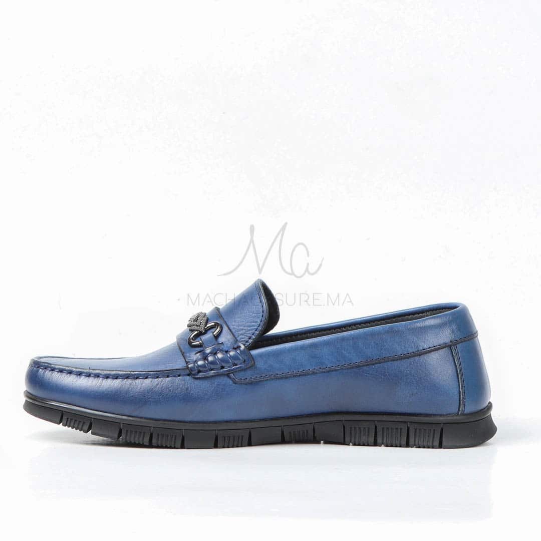 SYENNESIS - Mocassins homme Confortable 100% Cuir Bleu.
