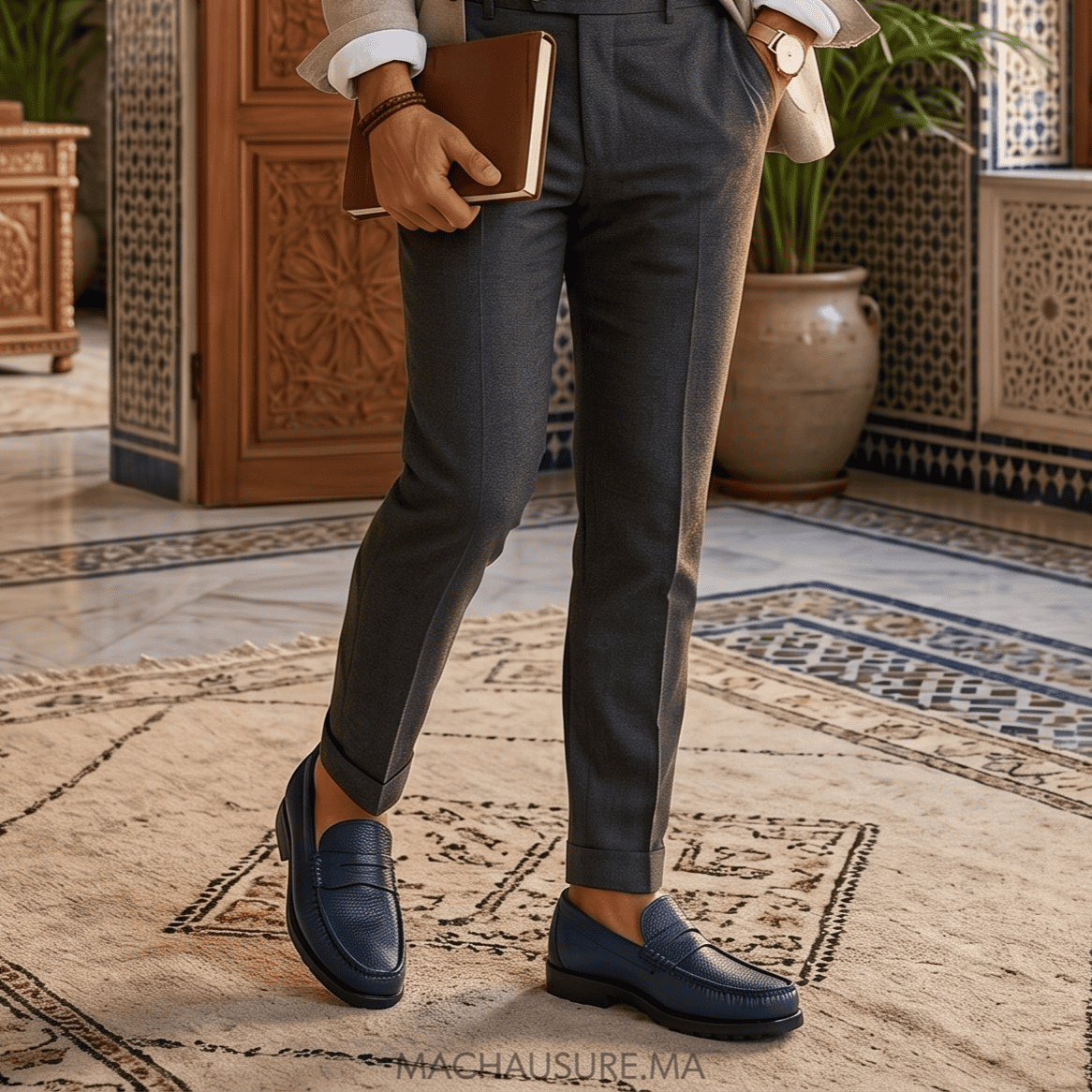 COLLEGE – Mocassins hommes 100% CUIR en Bleu Marine.