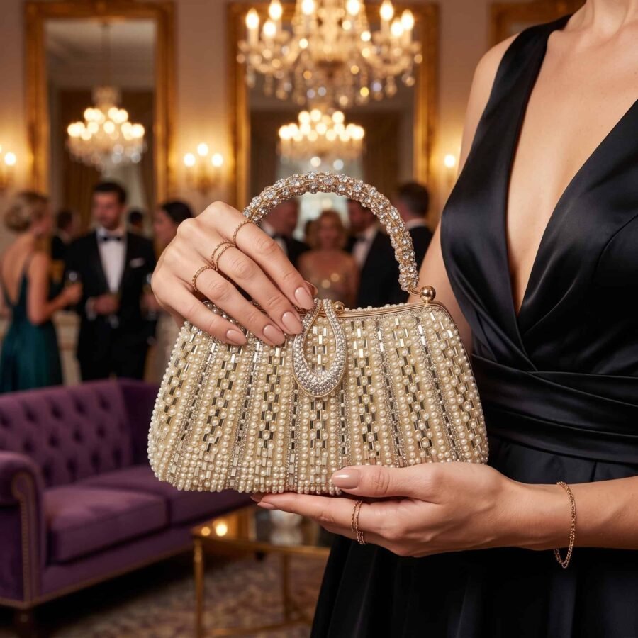 Pochette à main en perles pour occasions spéciales, accessoire chic et sophistiqué..