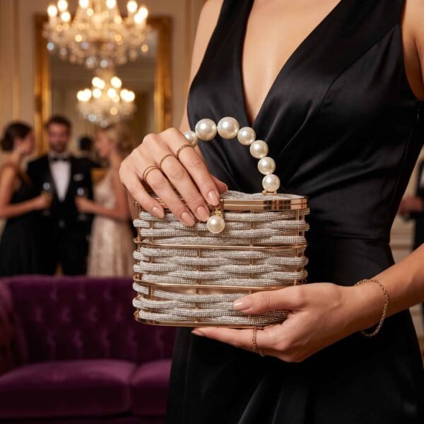 Veste en satin noir avec pochette à perles et bijoux, élégance pour soirée ou événement chic..