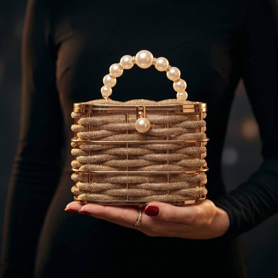 Sac à main en or avec perles, accessoire de mode chic et sophistiqué. Parfait pour une tenue élégant..