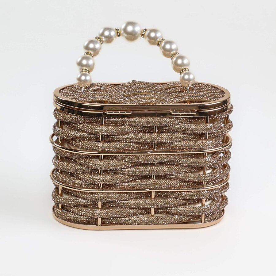 Pochette à bijoux en métal doré ornée de perles et de strass, idéale pour accessoires et soirées élé..