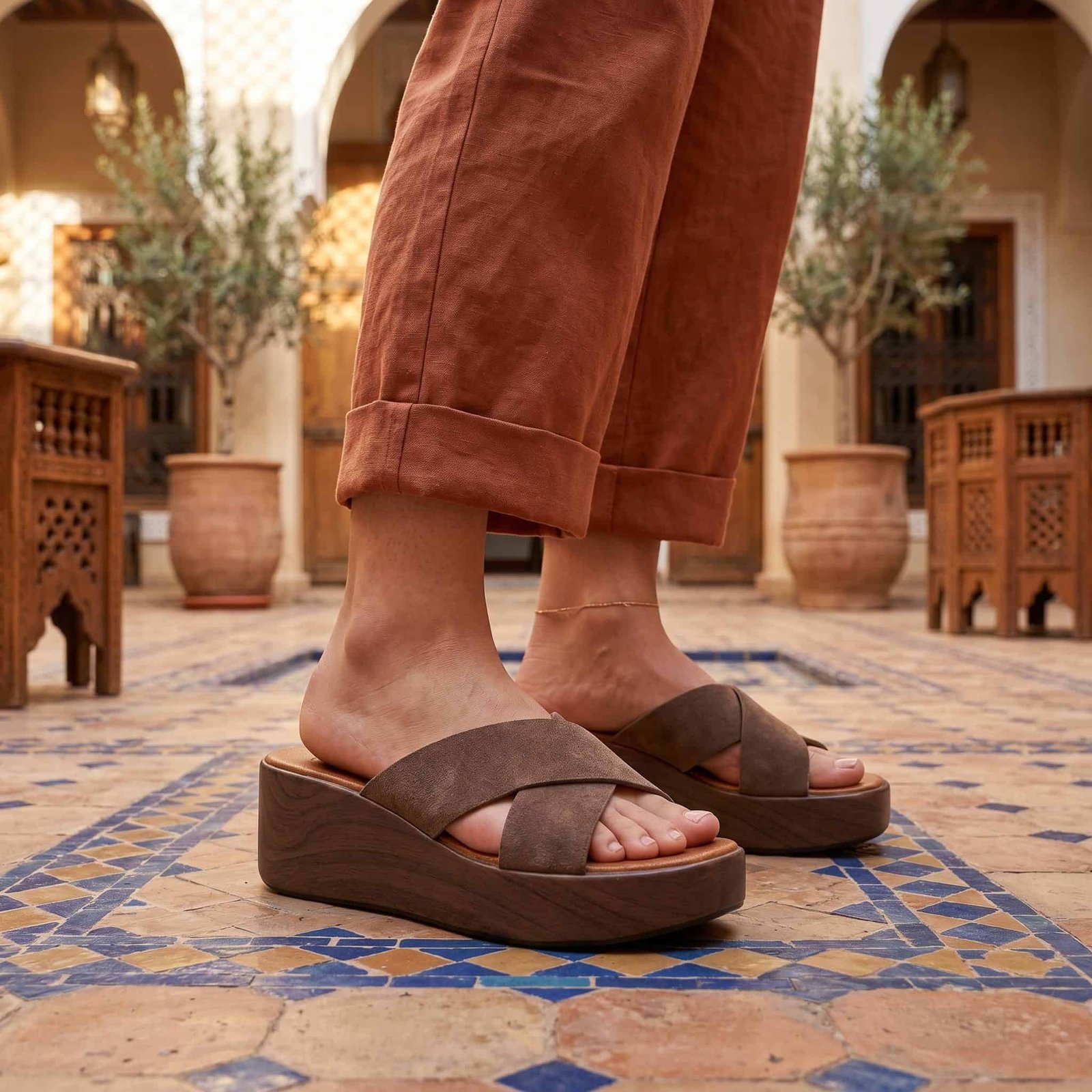 Nuda – Sandales compensées en Coffee.